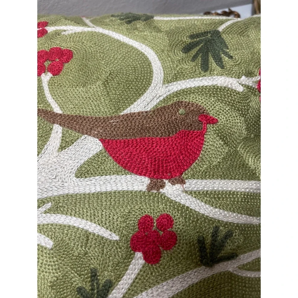 Pottery Barn Embroidered Bird Berries Limbs 17‎ x 17 Pillow w Feather Insert